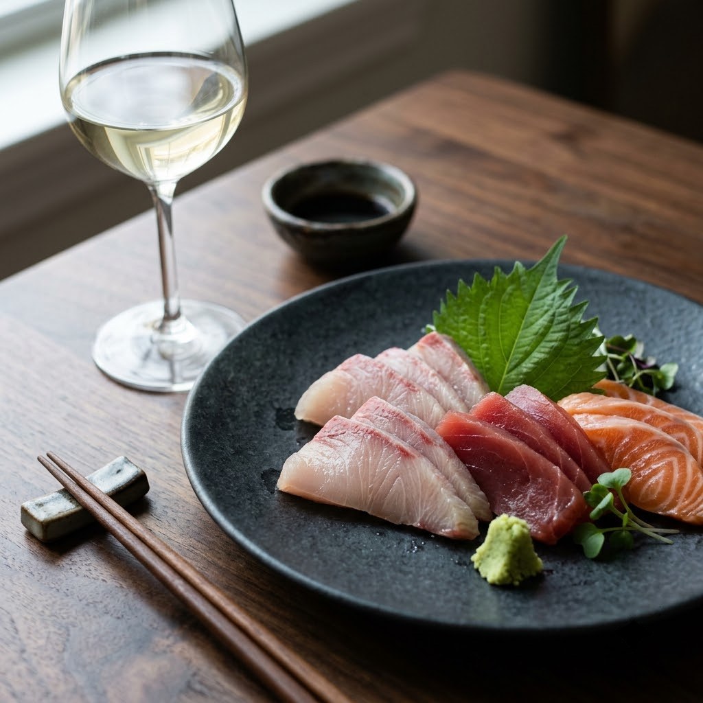 Sashimi with a glass of clear Junmai Daiginjo sake