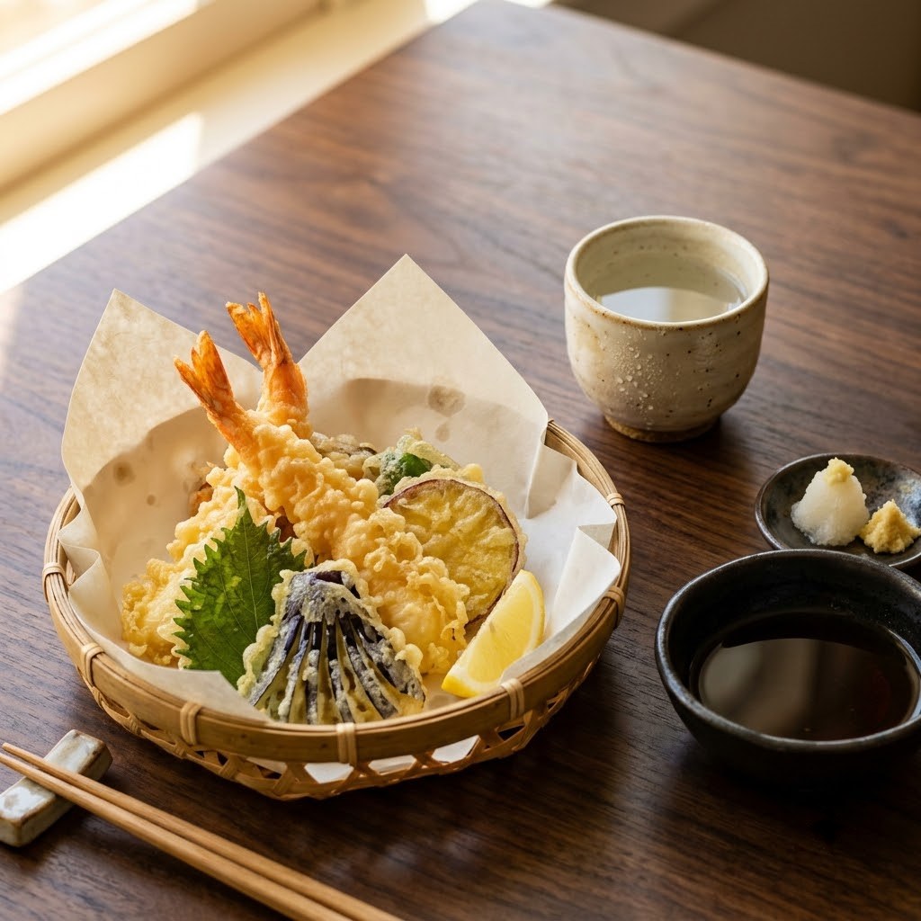 Tempura with a cup of chilled Honjozo sake