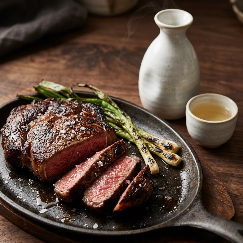 Grilled ribeye with warm sake in a porcelain flask