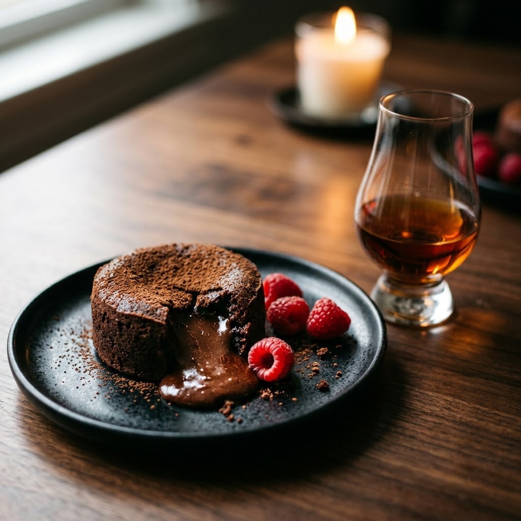 Chocolate lava cake with a glass of amber aged sake