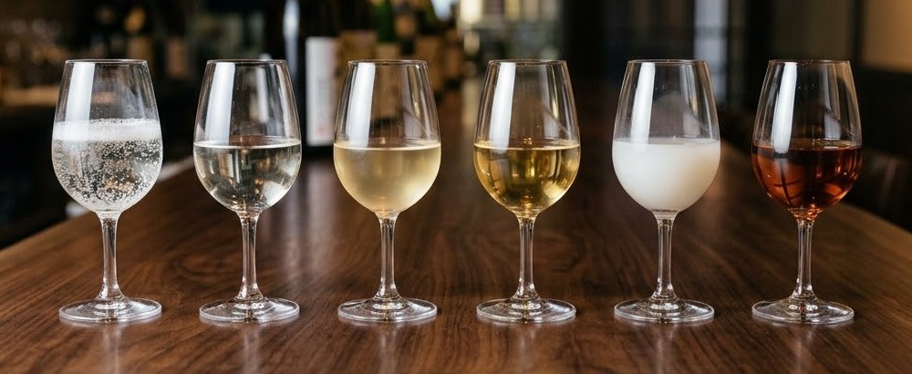 Six glasses of sake from sparkling and clear to cloudy nigori and amber aged sake